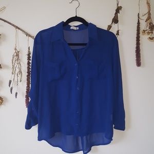 Deep blue sheer button down blouse